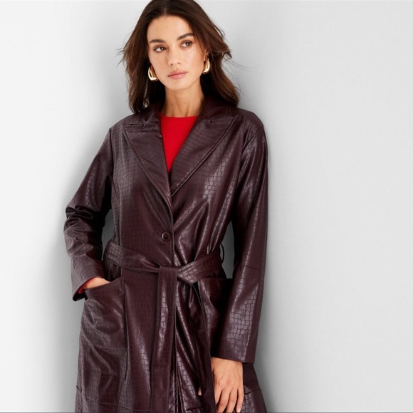 NWT A New Day Women’s Faux Croc Trench Coat - Burgundy Size Small - Picture 3 of 5